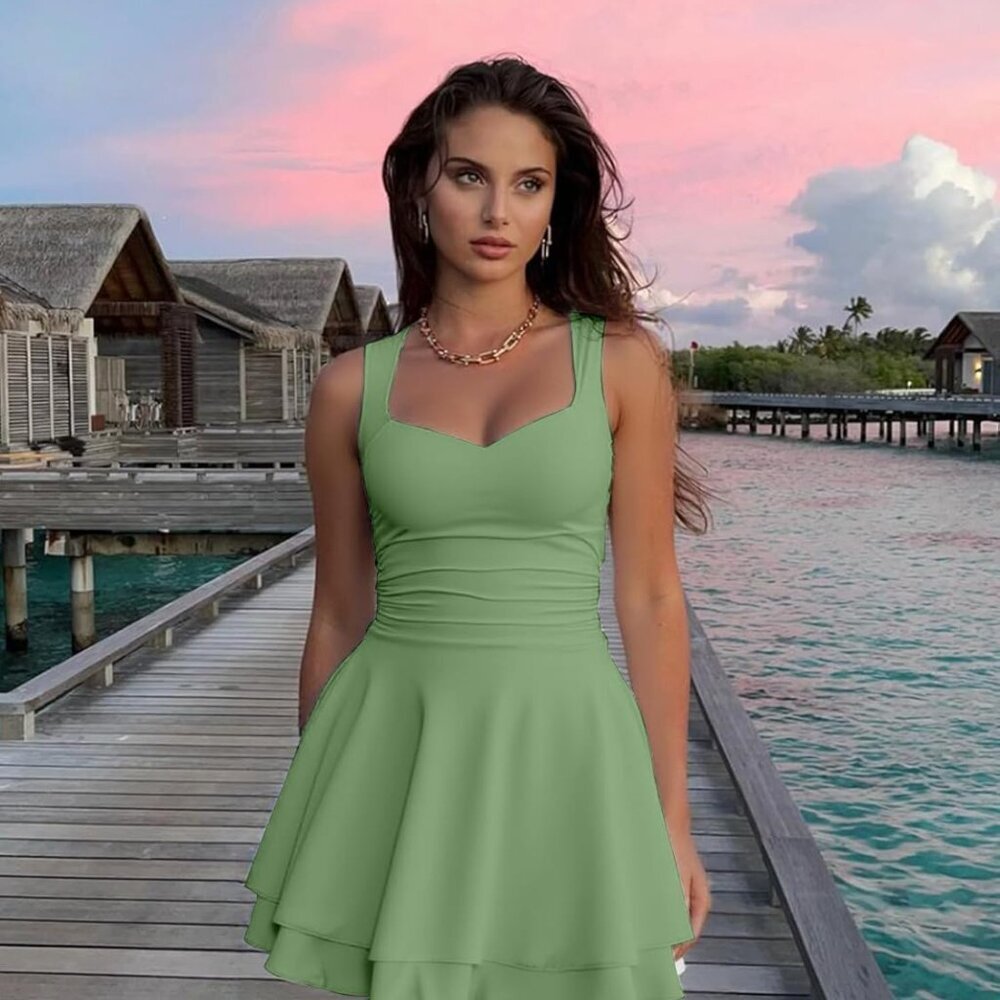 Women's Sleeveless Mini Dress Ruched Ruffle Hem Corset Party Summer - Picture 5 of 5